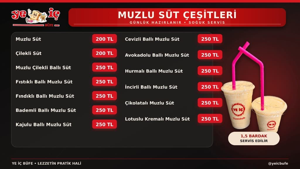 YE-İÇ BÜFE Muzlu Süt Çeşitleri menü sayfası