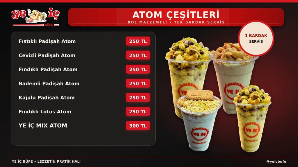 YE-İÇ BÜFE Atom Çeşitleri menü sayfası