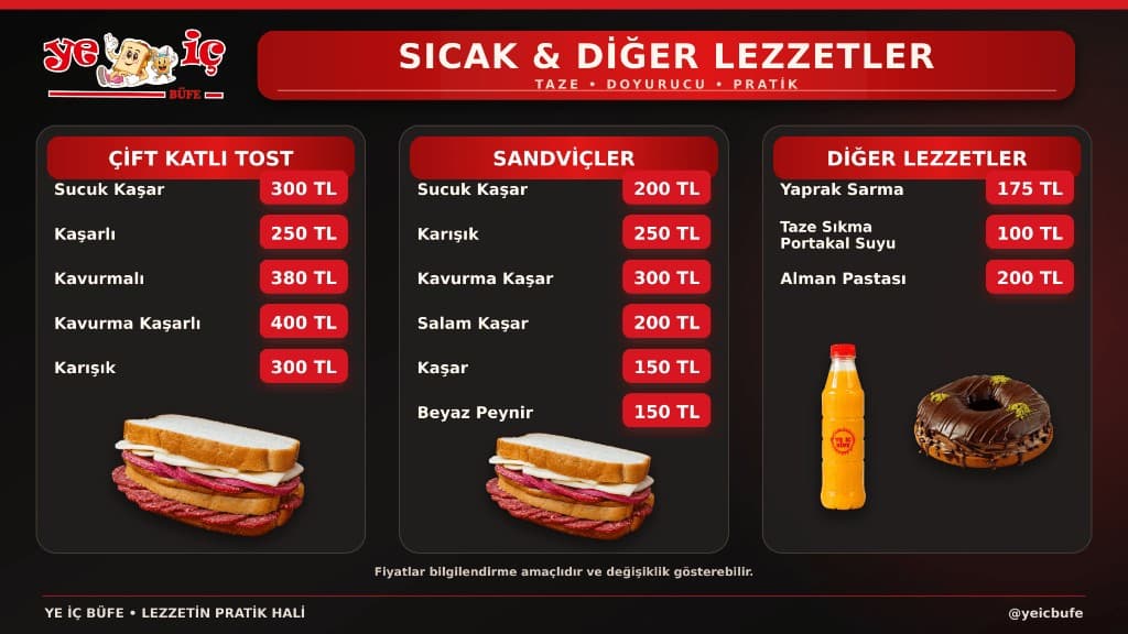 YE-İÇ BÜFE Tost, Sandviç ve Diğer Lezzetler menü sayfası
